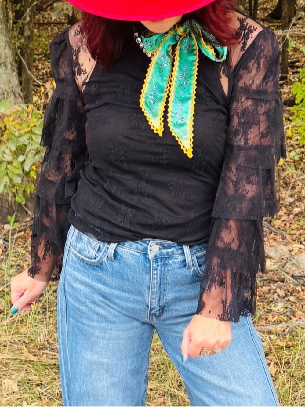 Black Lace Tiered Ruffle Sleeve Blouse
